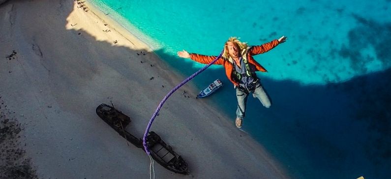 Daredevils brave ridiculous 600-foot rope swing on Navagio beach